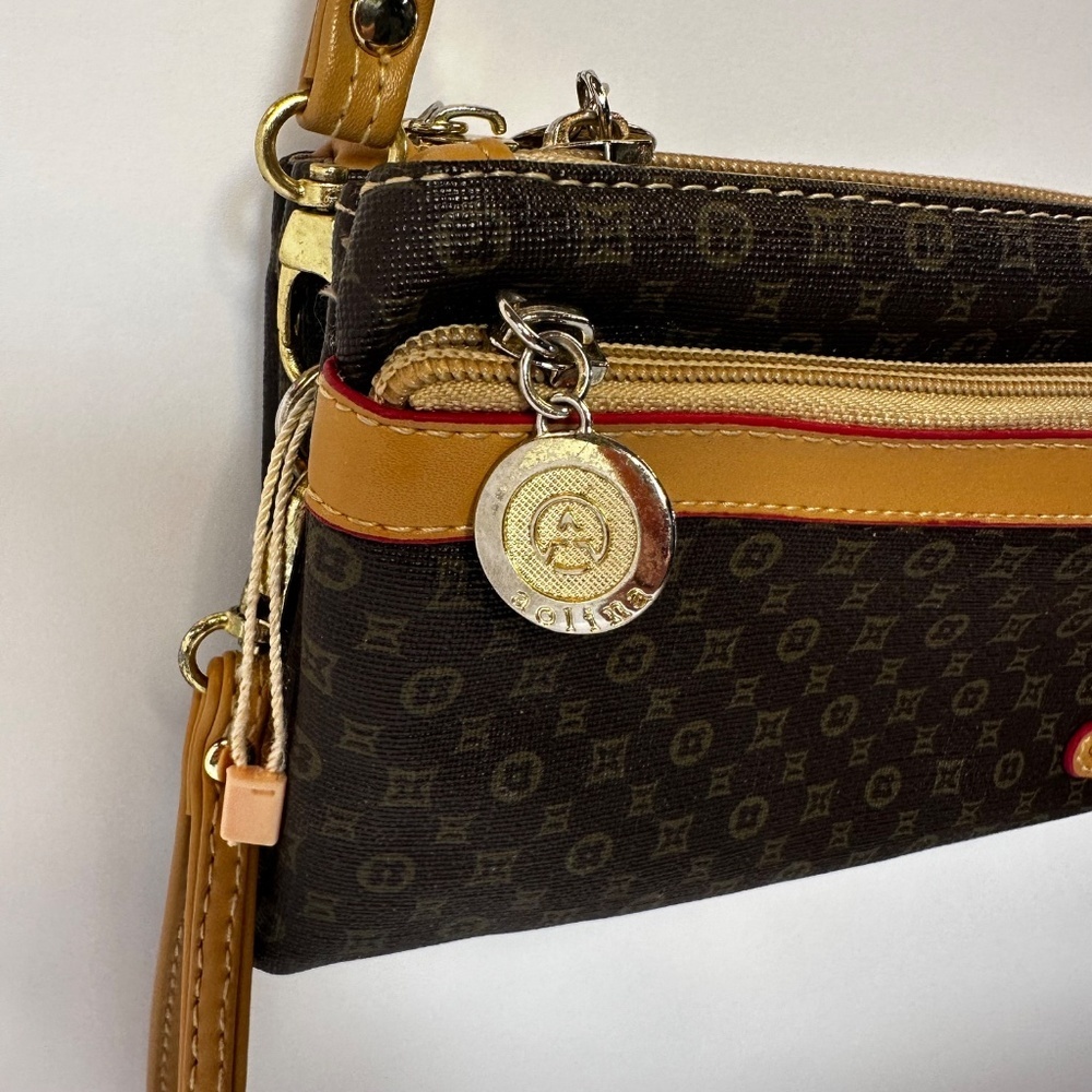 Y2K Monogram Crossbody Bag Multi-Zip Brown & Tan Heart Detail - Picture 2 of 6